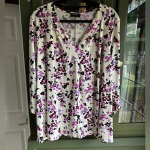 Lane Bryant Floral V-Neck Women's Top - Cream, Purple and Black